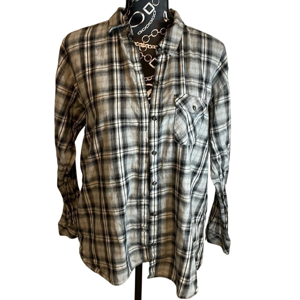 J. Jill Womens Large Plaid Button‎ Down Shirt Black White Grey Long Sleeve Top